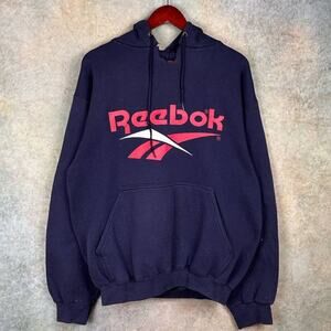 Vintage 90s Reebok Logo Hoodie Sweatshirt Mens Sz L USA Made Navy Blue Pullover